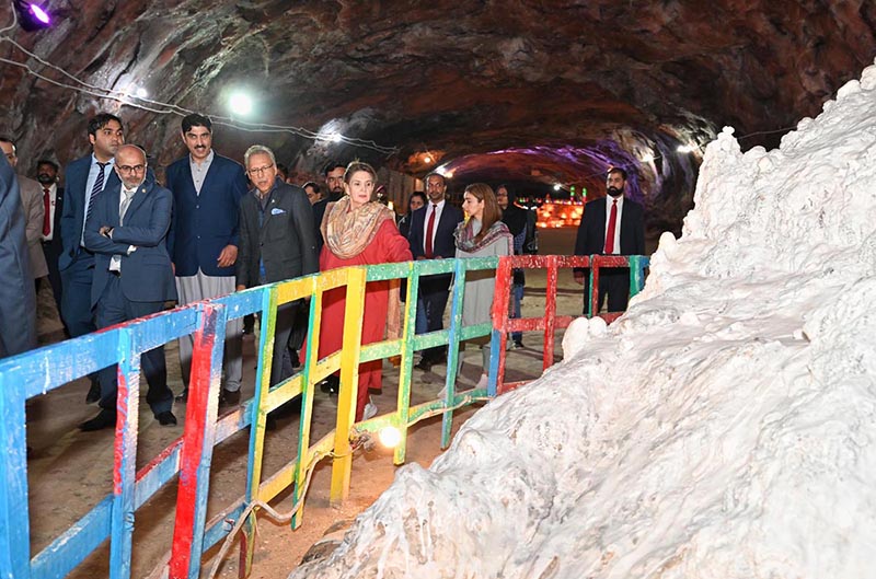 President Dr Arif Alvi being briefed about salt mining during his visit to Khewra Salt Mine