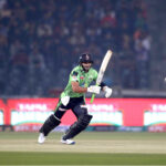Lahore Qalanders batter Sahibzada Farhan playing shot during the Pakistan Super League (PSL) Twenty20 cricket match between Lahore Qalanders and Islamabad United at the Gaddafi Cricket Stadium
