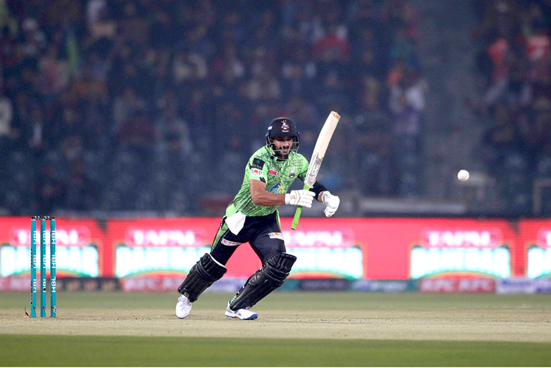 Lahore Qalanders batter Sahibzada Farhan playing shot during the Pakistan Super League (PSL) Twenty20 cricket match between Lahore Qalanders and Islamabad United at the Gaddafi Cricket Stadium