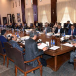 Caretaker Sindh Minister Justice (Retd) Maqbool Baqar presides over a Cabinet meeting at CM House