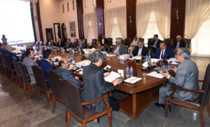 Caretaker Sindh Minister Justice (Retd) Maqbool Baqar presides over a Cabinet meeting at CM House