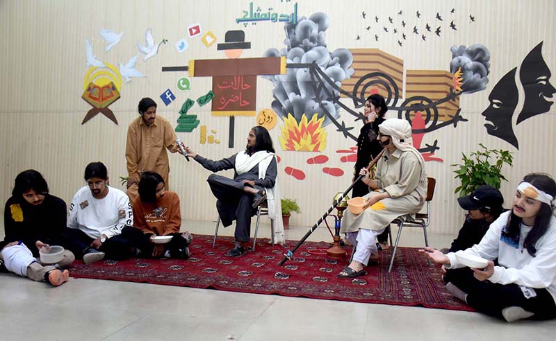 Students of Model College for girls F7/-2 performing tableau during intercollegiate Drama competition