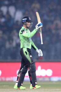 Lahore Qalanders batter Sahibzada Farhan playing shot during the Pakistan Super League (PSL) Twenty20 cricket match between Lahore Qalanders and Islamabad United at the Gaddafi Cricket Stadium