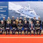 Vice Chief of The Naval Staff Vice Admiral Ovais Ahmed Bilgrami in a group Photo with officials of Pakistan and M/s DAMEN Shipyard during Launching ceremony of Offshore Patrol Vessel PNS YAMAMA at M/s DAMEN Shipyard Galati