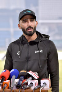 Player of Multan Sultans Usama Mir talking to media persons before practice session for the upcoming PSL 9 at Multan Cricket Stadium