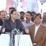 Mayor Karachi Barrister Murtaza Wahab talking to media during his visit to under-construction Nursing School building at Karachi Institute of Heart Disease (KIHD)