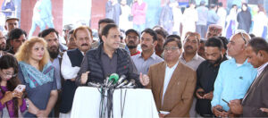 Mayor Karachi Barrister Murtaza Wahab talking to media during his visit to under-construction Nursing School building at Karachi Institute of Heart Disease (KIHD)