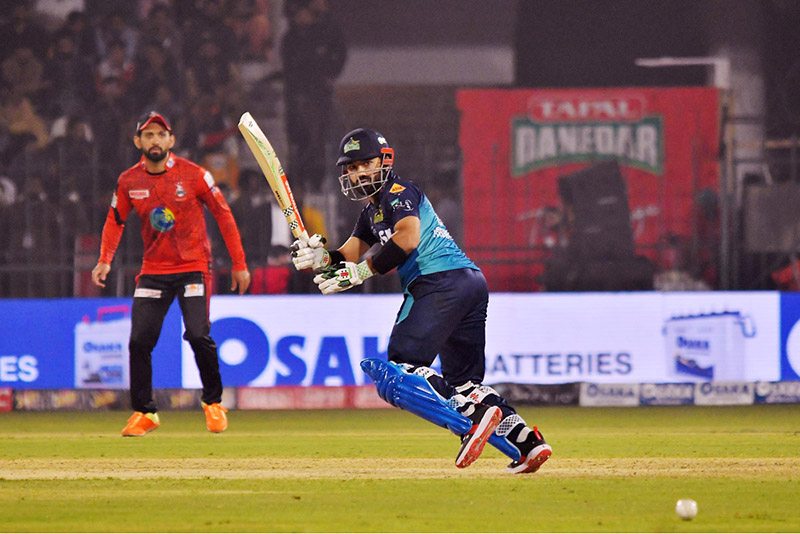 Multan Sultans batter Muhammad Rizwan plays a shot during the PSL-9 T20 cricket match between Multan Sultans and Lahore Qalandars at the Multan Cricket Stadium