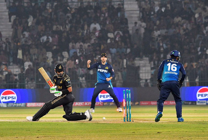 Peshawar Zalmi batter Babar Azam clean bowled by the Multan Sultans bowler Usama Mir during the PSL 9 T20 cricket match between Multan Sultans and Peshawar Zalmi at Multan Cricket Stadium