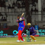 Karachi Kings’ batter Kieron Pollard plays a shot during the Pakistan Super League (PSL 9) Twenty20 cricket match between Karachi Kings and Quetta Gladiators at the National Cricket Stadium