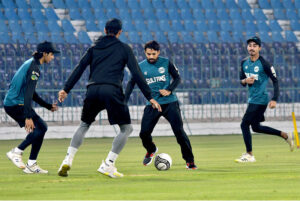 Player of Multan Sultans Usama Mir talking to media persons before practice session for the upcoming PSL 9 at Multan Cricket Stadium