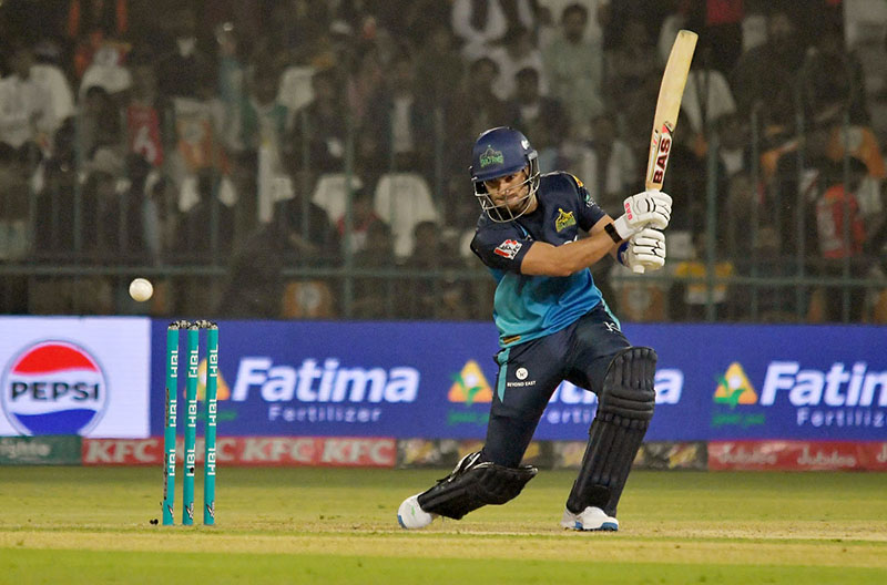 Multan Sultans batter Muhammad Rizwan plays a shot during the PSL-9 T20 cricket match between Multan Sultans and Lahore Qalandars at the Multan Cricket Stadium