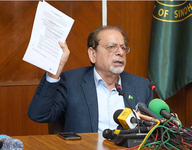 Caretaker Provincial Minister Information, Minority Affairs, Social protection, Muhammad Ahmed Shah addressing press conference regarding the General Election and law and order situation at Sindh Assembly