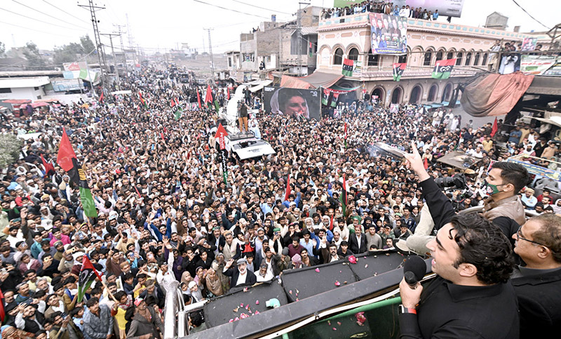 Chairman Pakistan People’s Party Bilawal Bhutto Zardari addressing a public gathering during Election Campaign at Khan Pur