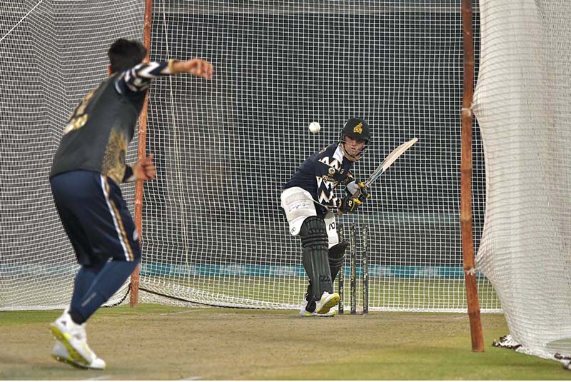 Players of Peshawar Zalmi participating in a practice session for the next match against Multan Sultans during PSL-9 T20 match at Multan Cricket Stadium