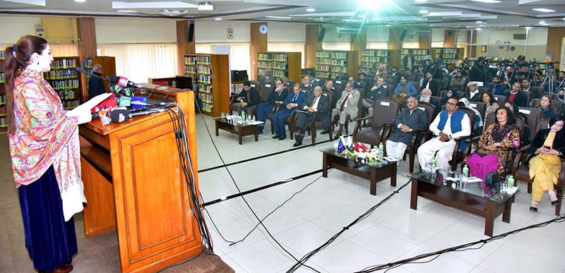 Special Assistant to Prime Minister for Human Rights and Women Empowerment Mushaal Hussein Mullick addressing a seminar organized by The India Study Center in Institute of Strategic Studies