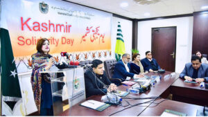 Special Assistant to Prime Minister for Human Rights and Women Empowerment, Mushaal Hussein Mullick addressing an event organized by Islamabad Chamber of Commerce and Industry in connection with Kashmir Solidarity Day