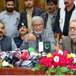 Caretaker Sindh Chief Minister Justice (Retd) Maqbool Bakar addressing to media persons at Shahbaz Hall