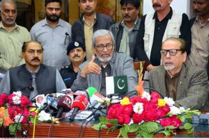 Caretaker Sindh Chief Minister Justice (Retd) Maqbool Bakar addressing to media persons at Shahbaz Hall