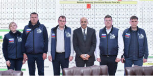 Dr. Syed Asif Hussain, Secretary ECP with Mr. Andrie Maximox, Chairperson of Civic Chamber and election observers at ECP Secretariat