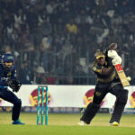 Peshawar Zalmi batter Rovman Powell plays a shot during the PSL-9 T20 cricket match between Multan Sultans and Peshawar Zalmi at the Multan Cricket Stadium