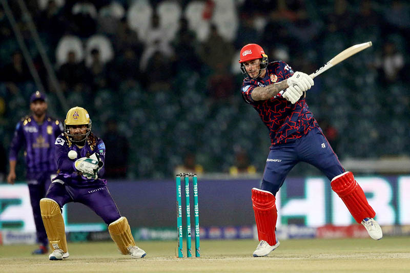 Islamabad United player Alex Hales playing shot during the Pakistan Super League (PSL 9) Twenty20 cricket match between Islamabad United and Quetta Gladiators at the Gaddafi Cricket Stadium