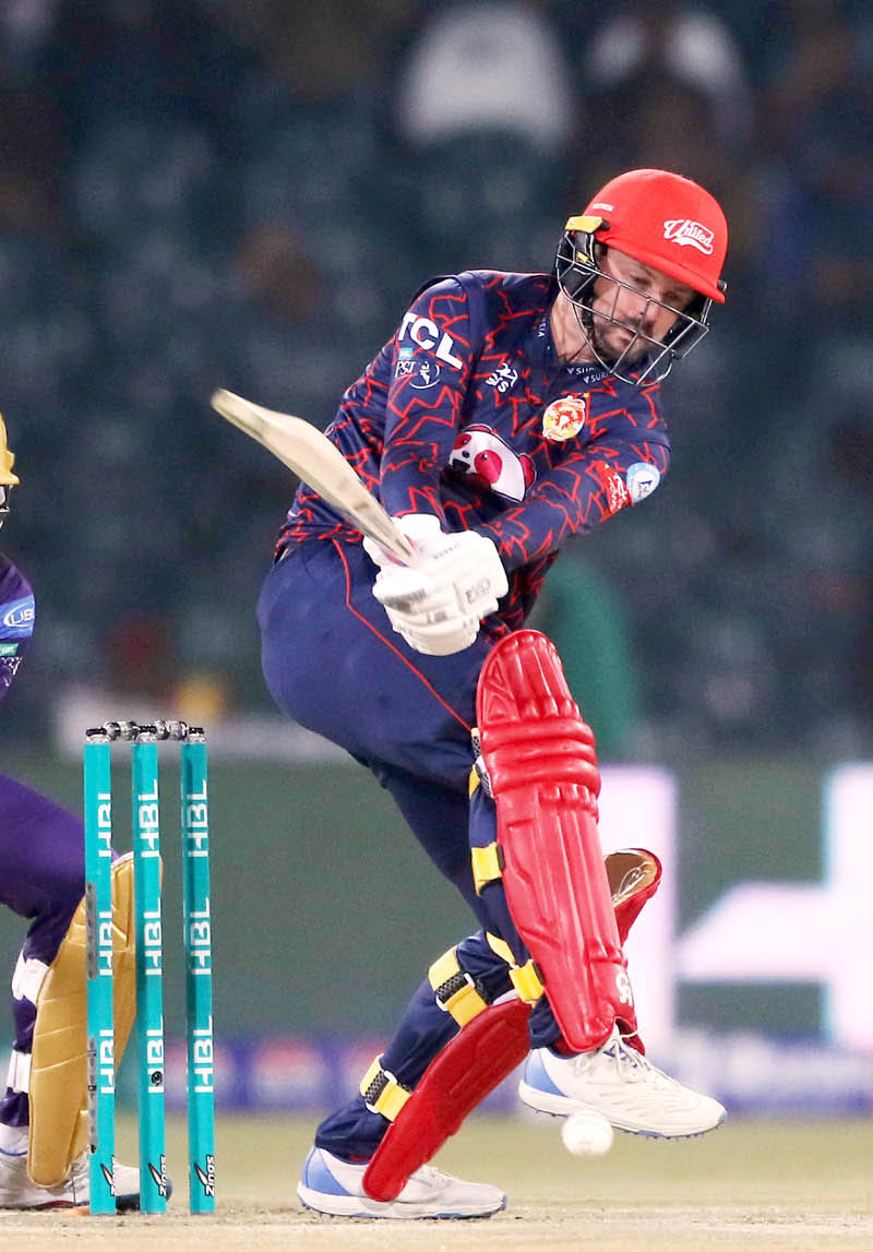 Islamabad United player Alex Hales playing shot during the Pakistan Super League (PSL 9) Twenty20 cricket match between Islamabad United and Quetta Gladiators at the Gaddafi Cricket Stadium