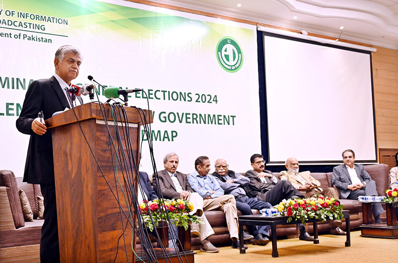 Caretaker Federal Minister for Information & Broadcasting, Murtaza Solangi addresses the seminar on General Elections 2024 Challenges for the New Government and the Road Map organized by Press Information Department of Ministry of Information and Broadcasting at Auditorium National Museum of Pakistan