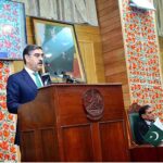 Caretaker Prime Minister Anwaar-ul-Haq Kakar addressing the Special Session of AJK Legislative Assembly to commemorate Kashmir Solidarity Day