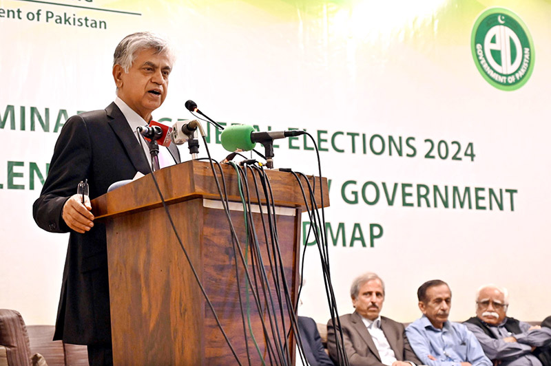 Caretaker Federal Minister for Information & Broadcasting, Murtaza Solangi addresses the seminar on General Elections 2024 Challenges for the New Government and the Road Map organized by Press Information Department of Ministry of Information and Broadcasting at Auditorium National Museum of Pakistan