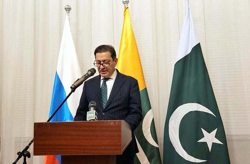 Pakistan Ambassador to Russian Federation Muhammad Khalid Jamali reading message of the President of Pakistan on the Kashmir Solidarity Day at Pak Mission Moscow