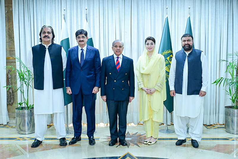 Prime Minister Muhammad Shehbaz Sharif in a group photo with Chief Ministers of all the provinces.