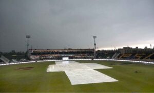 A view of covers on the pitch at Rawalpindi Cricket Stadium as the Pakistan Super League (PSL) season nine T20 cricket match between Lahore Qalandars and Peshawar Zalmi called off due to rain and wet outfield