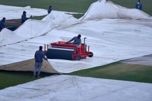 A view of covers on the pitch at Rawalpindi Cricket Stadium as the Pakistan Super League (PSL) season nine T20 cricket match between Lahore Qalandars and Peshawar Zalmi called off due to rain and wet outfield