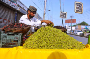 A vendor displaying seasonal fruit Mulberry to attract customers.