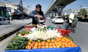 A vendor selling fresh salad on his handcart at near Shamsabad