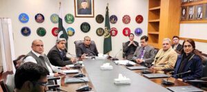 Federal Minister for Interior Mohsin Naqvi chairing a meeting at Ministry of Interior.