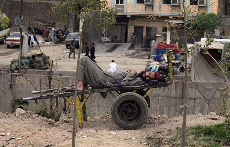 A labourer taking a nap on his hand cart at Pirwadhai.