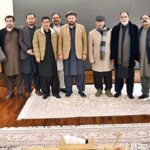 Former Federal Minister for Religious Affairs Senator Talha Mehmood in a group photograph during reception hosted for Governor Gilgit-Baltistan Syed Mehdi Shah, Chief Minister Gilgit-Baltistan Haji Gulbar Khan and provincial cabinet on late Sunday night.