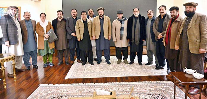 Former Federal Minister for Religious Affairs Senator Talha Mehmood in a group photograph during reception hosted for Governor Gilgit-Baltistan Syed Mehdi Shah, Chief Minister Gilgit-Baltistan Haji Gulbar Khan and provincial cabinet on late Sunday night.