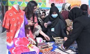 Women visiting stalls at 10th National Women at Work commemorating International Women's Day organised by Lok Virsa with the collaboration of Devcom-Pakistan and dtn.
