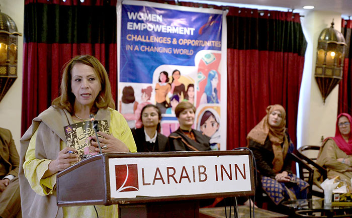 Women’s rights activist, Farzana Bari delivering keynote speech in a seminar titled “Women Empowerment : Challenges & Opportunities in a Changing World”, in commemoration of International Women’s Day organized by the Alliance For Good Governance Foundation at a local hotel.