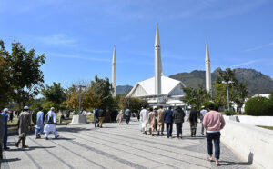 An aged person attends congregation prayer (Friday Prayer) at Faisal Masjid in the holy fasting month of Ramzan.