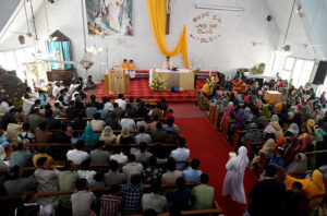 A large numbers of people of Christian community attending religious rituals to mark the celebrating the Easter at Fatima Church F-8.