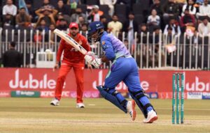 Multan Sultans batter Usman khan play a shot during the Pakistan Super League (PSL 9) Twenty20 cricket match between Multan Sultans and Islamabad United at Pindi Cricket Stadium