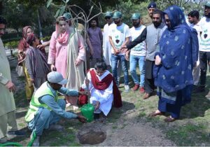 Students planting tree saplings during the International Forest Day arranged by Parks and Horticulture Authority at Bagh-e-Jinnah.