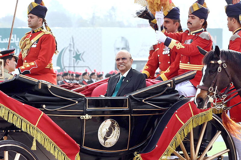 President Asif Ali Zardari arriving at the Pakistan Day Parade Ceremony, at Shakarparian Parade Ground