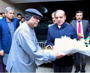Prime Minister Muhammad Shehbaz Sharif being welcomed by President-elect Asif Ali Zardari upon his arrival at Zardari house