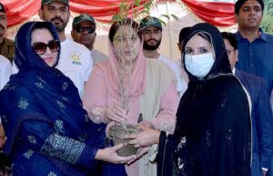 Students planting tree saplings during the International Forest Day arranged by Parks and Horticulture Authority at Bagh-e-Jinnah.