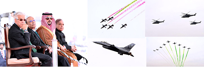 President Asif Ali Zardari witnessing the fly-past of aerobatic aircrafts during the Pakistan Day Parade ceremony, at Shakarparian Parade Ground